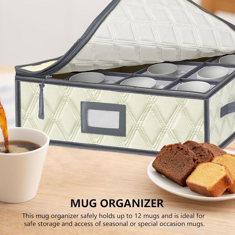 VERONLY Mug and Cup Storage Box with Dividers - 1 Pack China Storage Bin Containers Holds 12 Glassware, Stackable Coffee Mug Organizer Bin and Tea Cup with 2 Metal Zipper,Label and Handles - Image 2